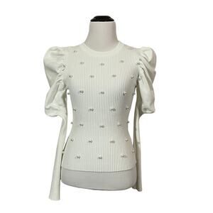 Forever 21 Pearl Front Puff Sleeve Top - White - Small
